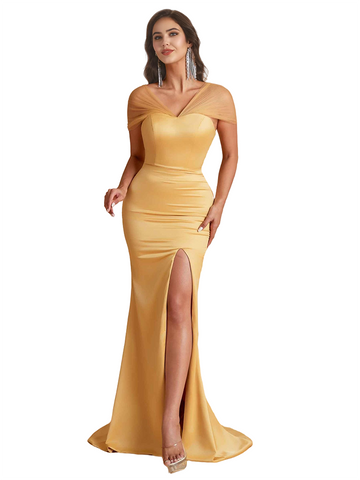 Blysse Cap Sleeves Side Slit Satin Dress
