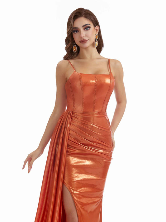 Metallic Stretch Shiny Dress-Olive Green
