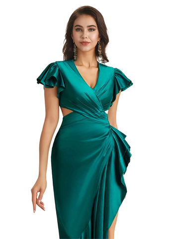 Cap Sleeves Ruffle Satin Dress