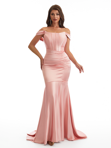 Roxane Off The Shoulder Ruched Satin Dress