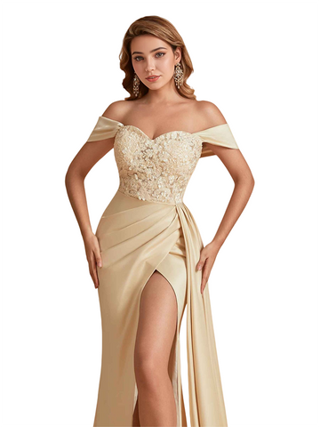 Off The Shoulder Side Slit Lace Dress