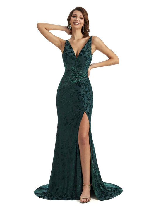 V-neck Mermaid Winter Velvet Bridesmaid Dresses - VowSatin