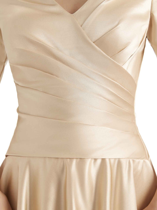 3/4 Satin Sleeves Dress-Blue