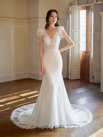 Haadiya Cap Sleeves Lace Wedding Dresses