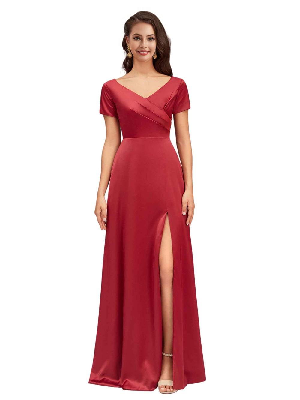 Quelaine Short Sleeves V-Neck Satin Dress