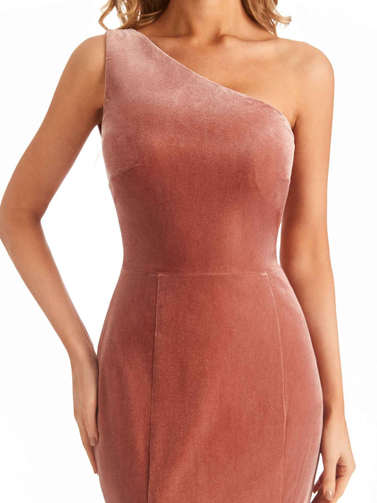 One-Shoulder Velvet Dress-Copper