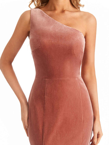 One-Shoulder Velvet Dress-Pink