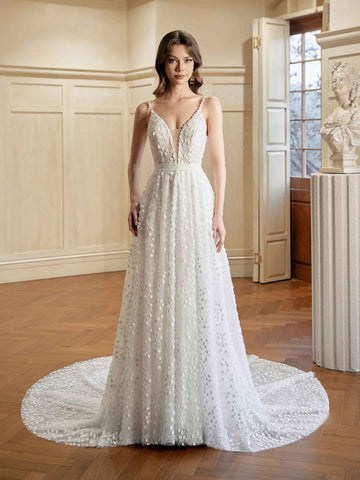 Calinda Spaghetti Straps Lace Wedding Dresses