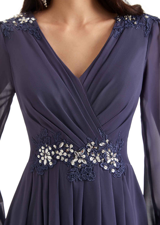 V-neck Chiffon Dress-Dark Navy