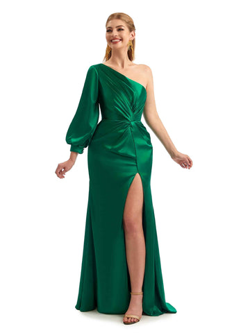 Herscen Long Sleeves One-Shoulder Satin Dress