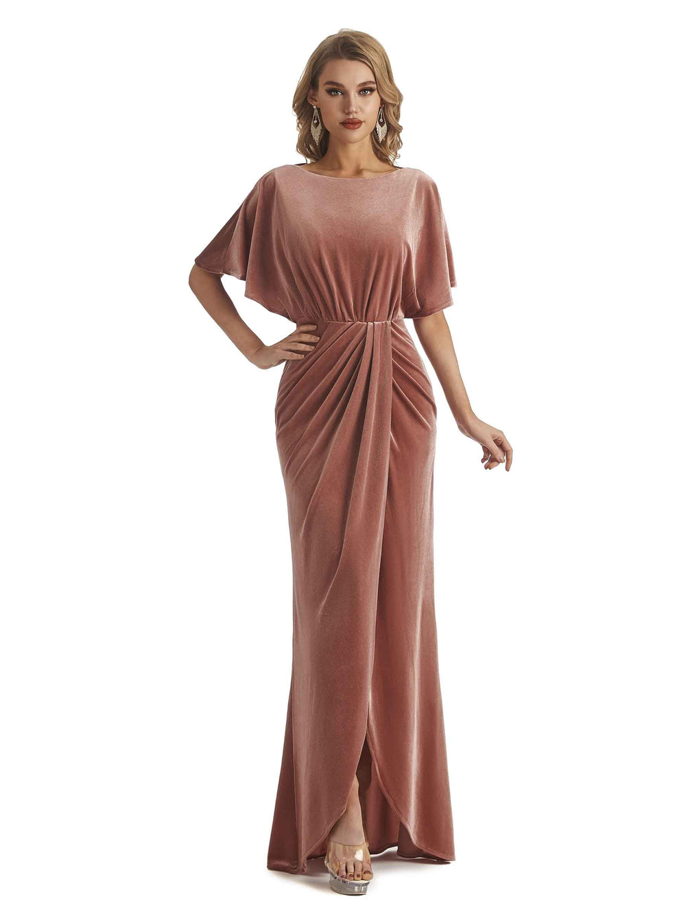 Kylier Cap Sleeves Middle Slit Velvet Dress