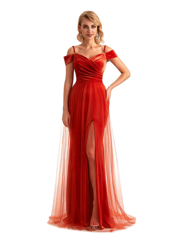 Winter Cold Shoulder Tulle Velvet Bridesmaid Dresses - VowSatin