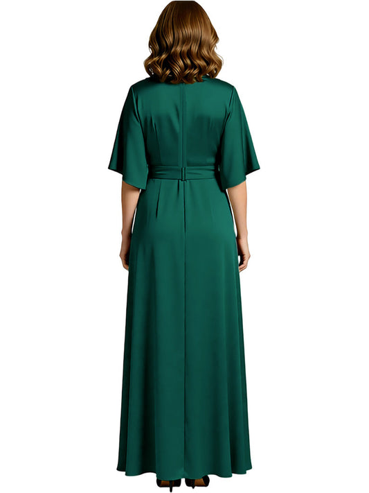 Bell Sleeves Pleats Satin Dress