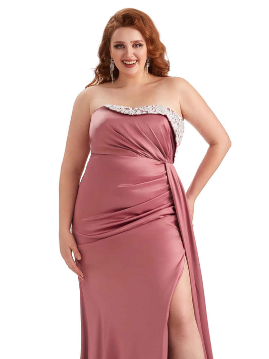 Plus Size Side Slit Satin Guest Dress