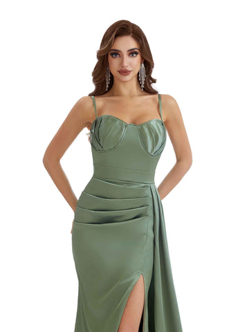 Side Split Satin Dress-Dusty Blue