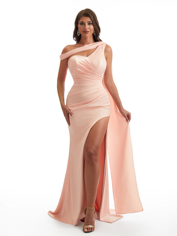Asymmetric Neckline Satin Guest Dress