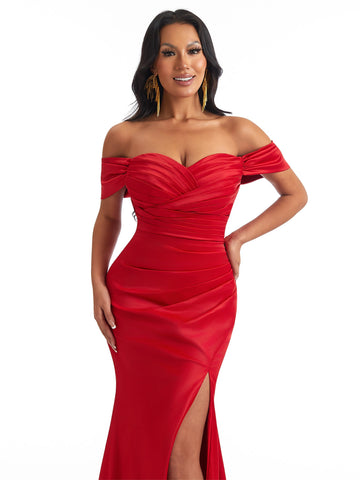 Off The Shoulder Ruched Satin Dress