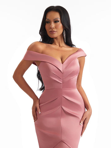 Off The Shoulder Side Slit Satin Dress
