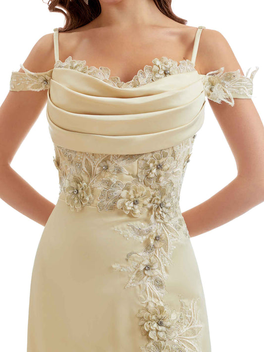 Cold Shoulder Satin Dress-Champagne