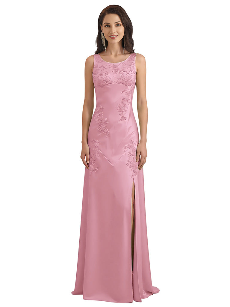 Qciciy Scoop Sleeveless Side Slit Lace Dress