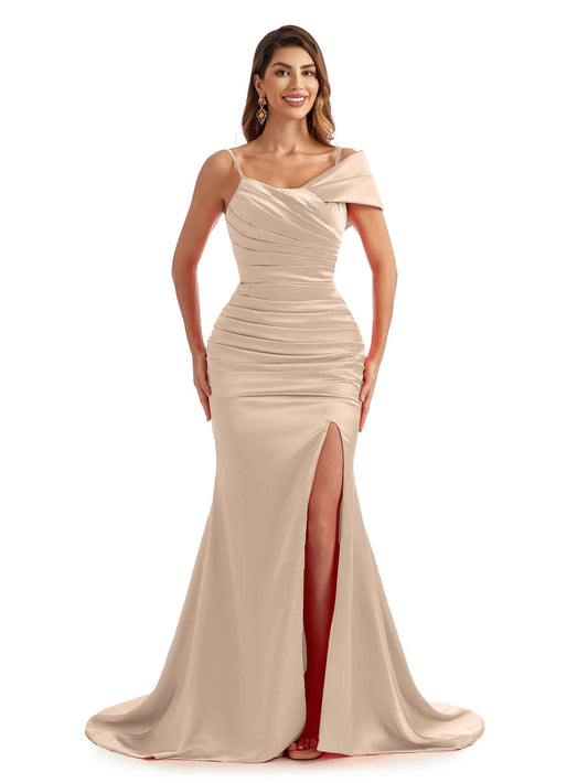 Halifax Asymmetric Straps Satin Dress Taupe