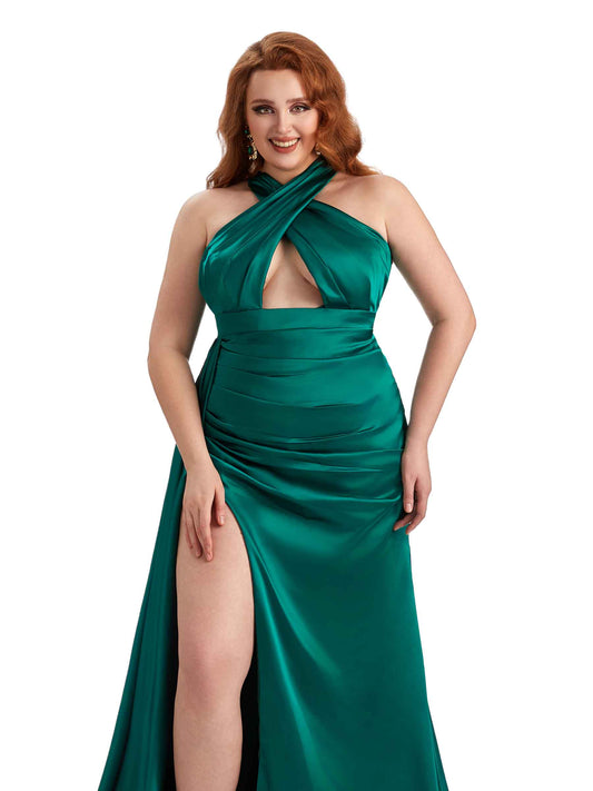 Plus Size Halter Satin Guest Dress