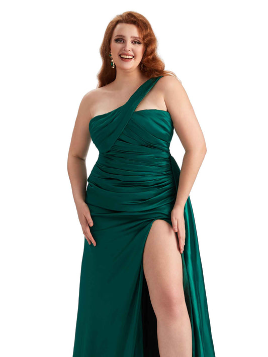 Plus Size One Shoulder Satin Guest Dress