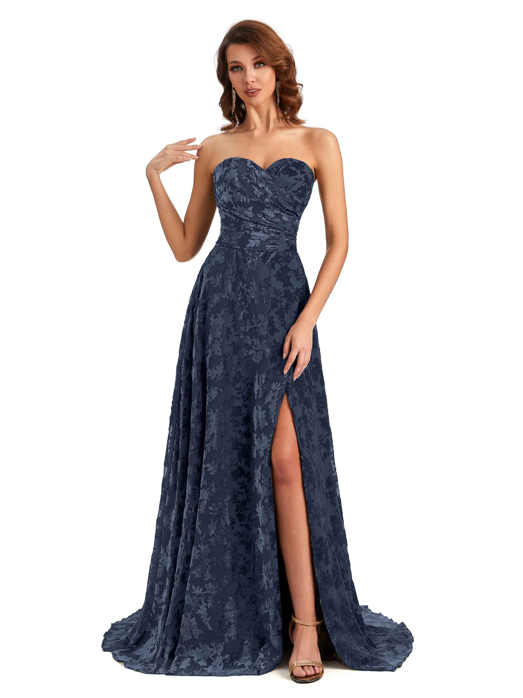 Hadyn Side Slit Floral Velvet Dress Dark Navy - VowSatin