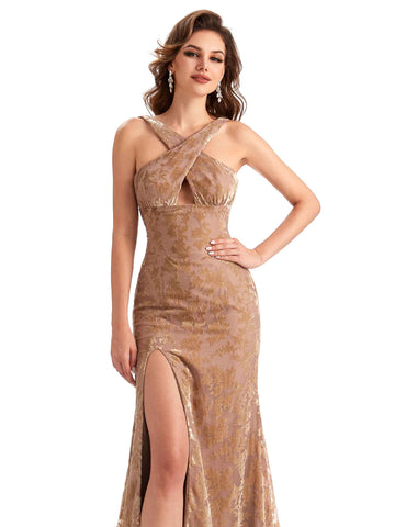 Side Slit Floral Velvet Dress-Taupe