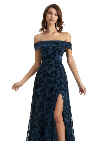 Side Slit Floral Velvet Dress-Dark Navy