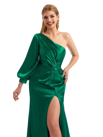 Long Sleeves One-Shoulder Satin Dress