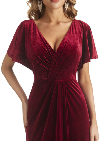 Short Sleeves V-neck Velvet Dress