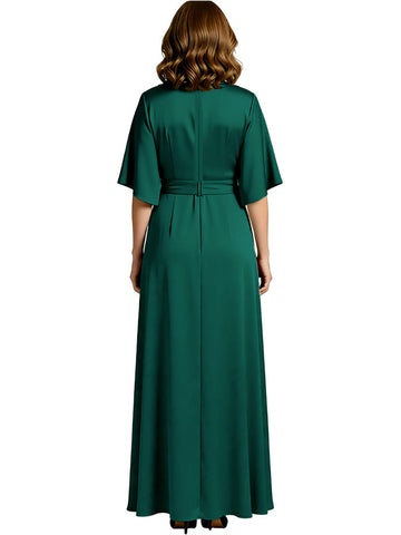 Bell Sleeves Pleats Satin Dress