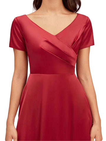 Short Sleeves V-Neck Satin Dress