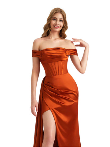 Off The Shoulder Pleated Satin Dress