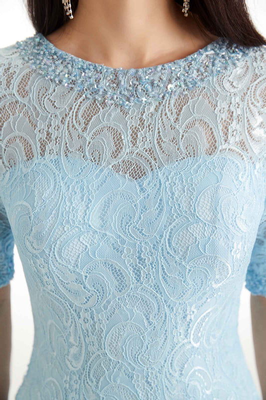 Long Sleeves Chiffon Dress-Ocean Blue