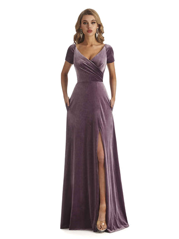 Winter Short Sleeves Velvet Long Bridesmaid Dresses - VowSatin