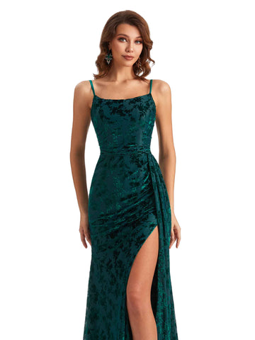 Side Slit Floral Velvet Dress-Green