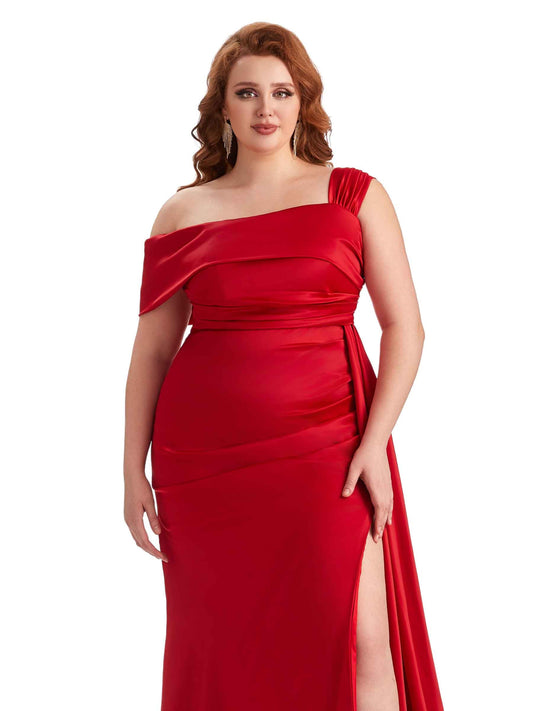 Plus Size One Shoulder Satin Guest Dress
