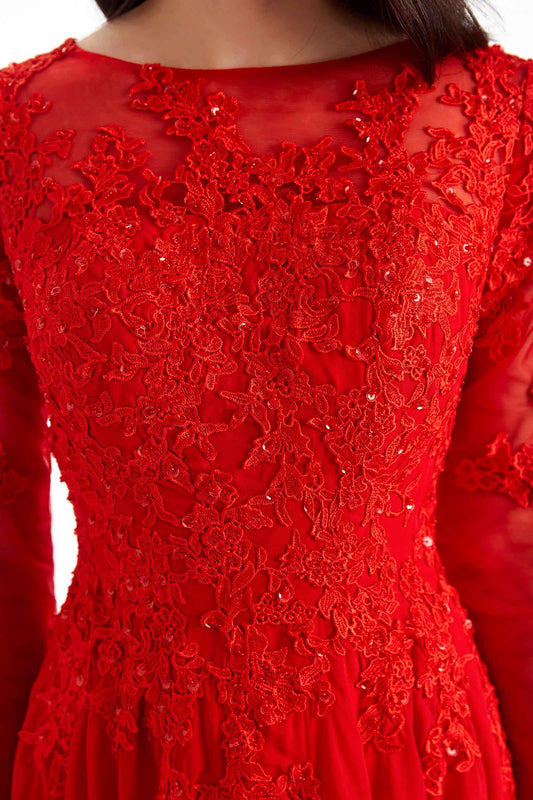 Long Sleeves Lace Dress-Champagne