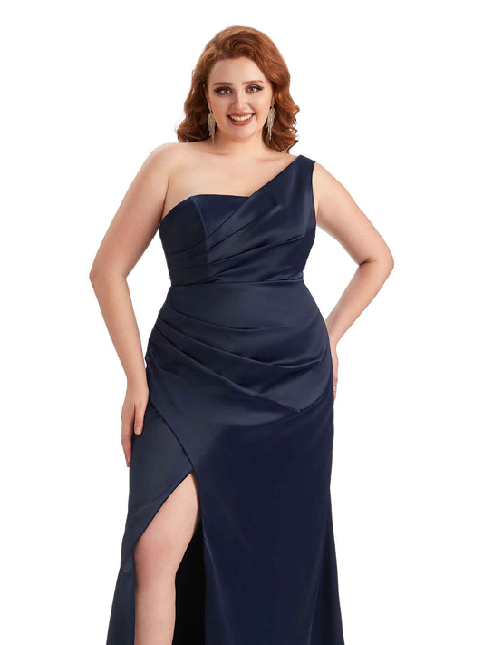 Plus Size One Shoulder Satin Guest Dress