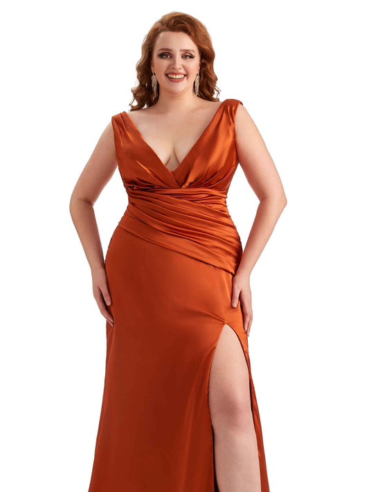 Plus Size V-neck Satin Guest Dress
