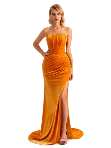 Mermaid Winter Strapless Velvet Bridesmaid Dresses - VowSatin