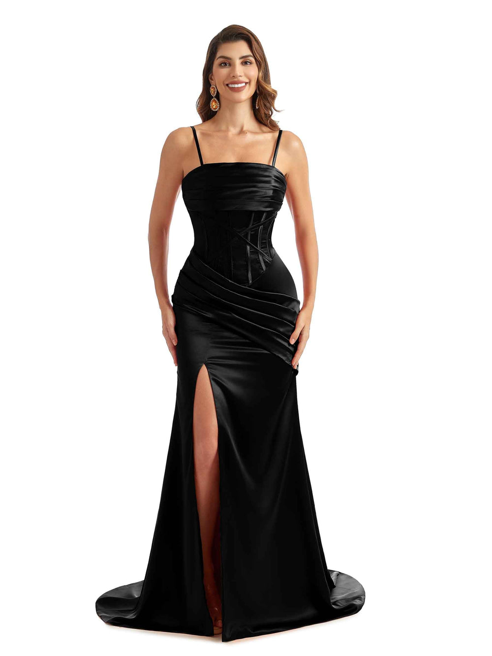 Nola Side Split Satin Dress Black