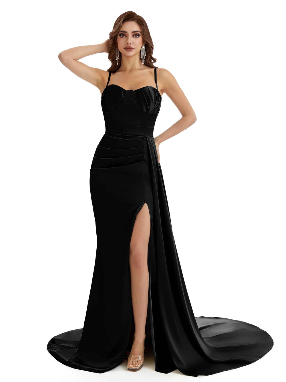 Ghia Side Split Satin Dress Black