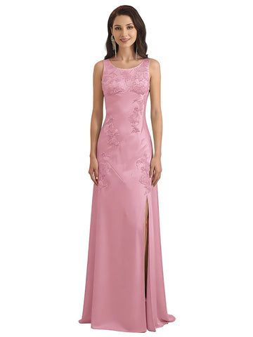 Qciciy Scoop Sleeveless Side Slit Lace Dress