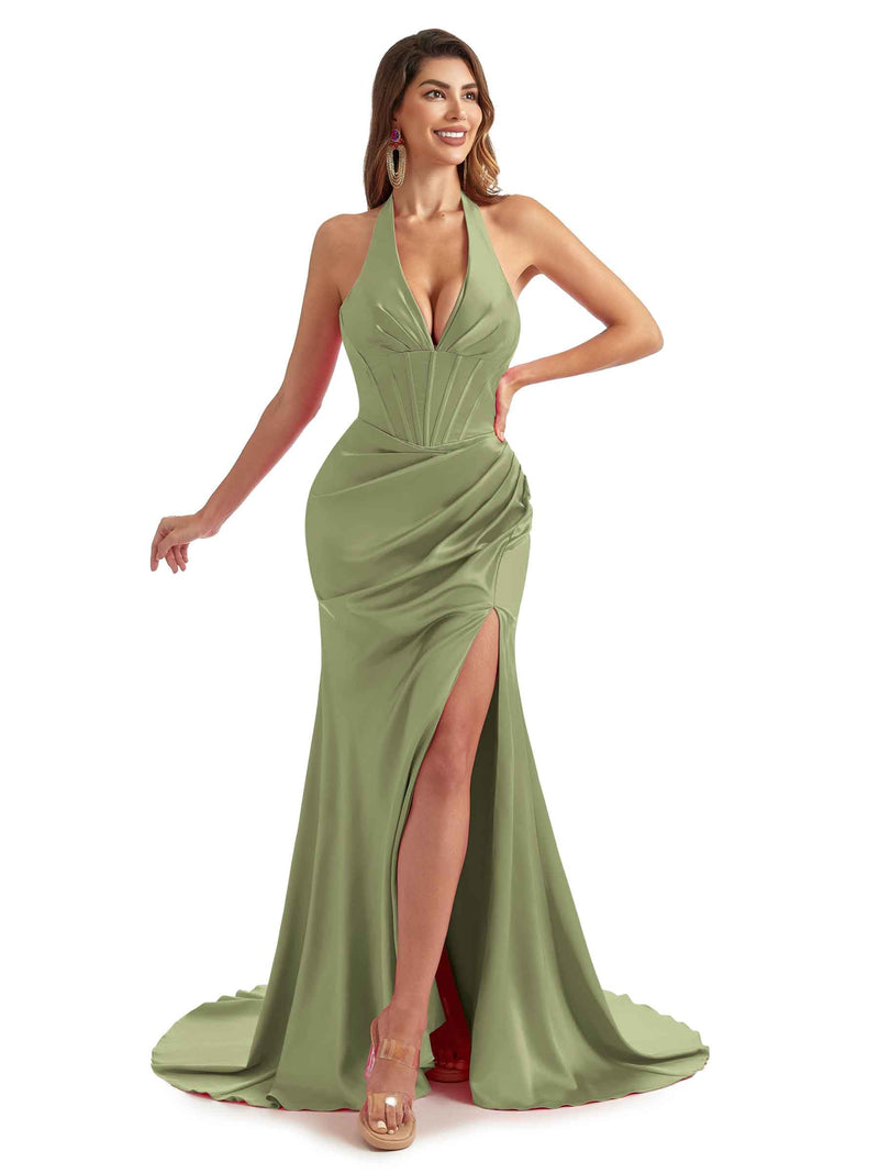 satin dusty sage bridesmaid dresses Dusty Sage Bridesmaid Dresses Halter Trumpet/Mermaid Stretch Satin  Bridesmaid Dresses With Split