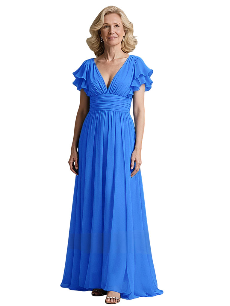 Qfuliil Bell Sleeves Pleats Chiffon Dress