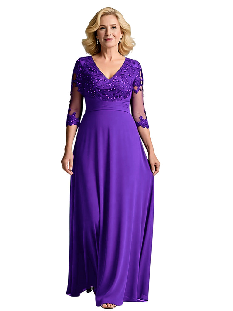 Qwiy 3/4 Sleeves A-line Chiffon Dress