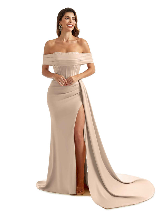 Dehind Off The Shoulder Satin Dress Taupe